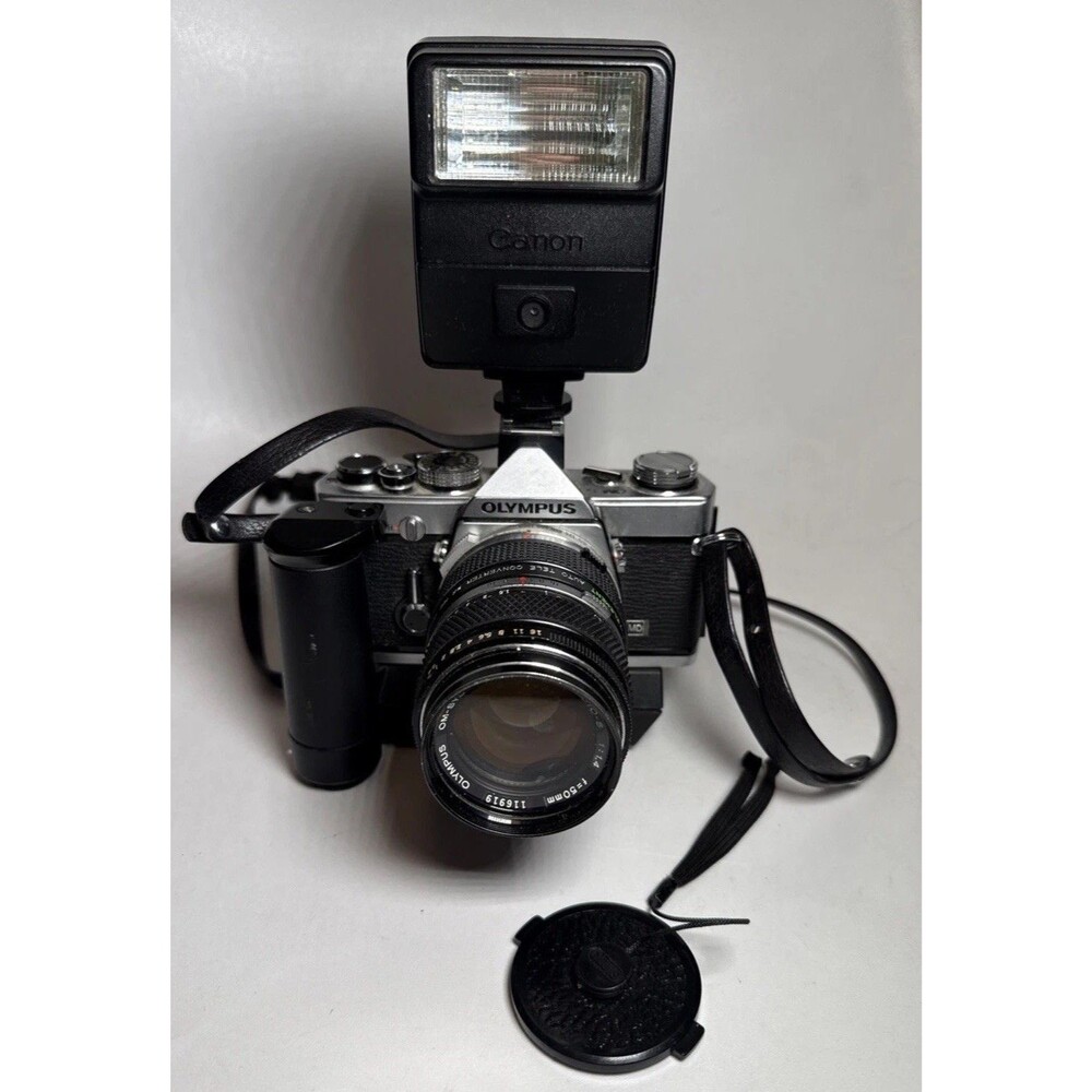 Olympus OM-1N Film Camera w/ OM-SYSTEM f/1.4 50mm Lens, Winder 2, Flash, Strap